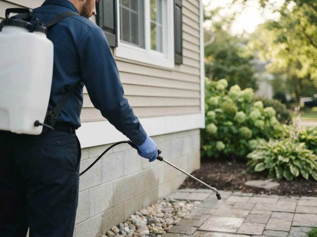Pest control technician inspecting a home in Couderay, WI
